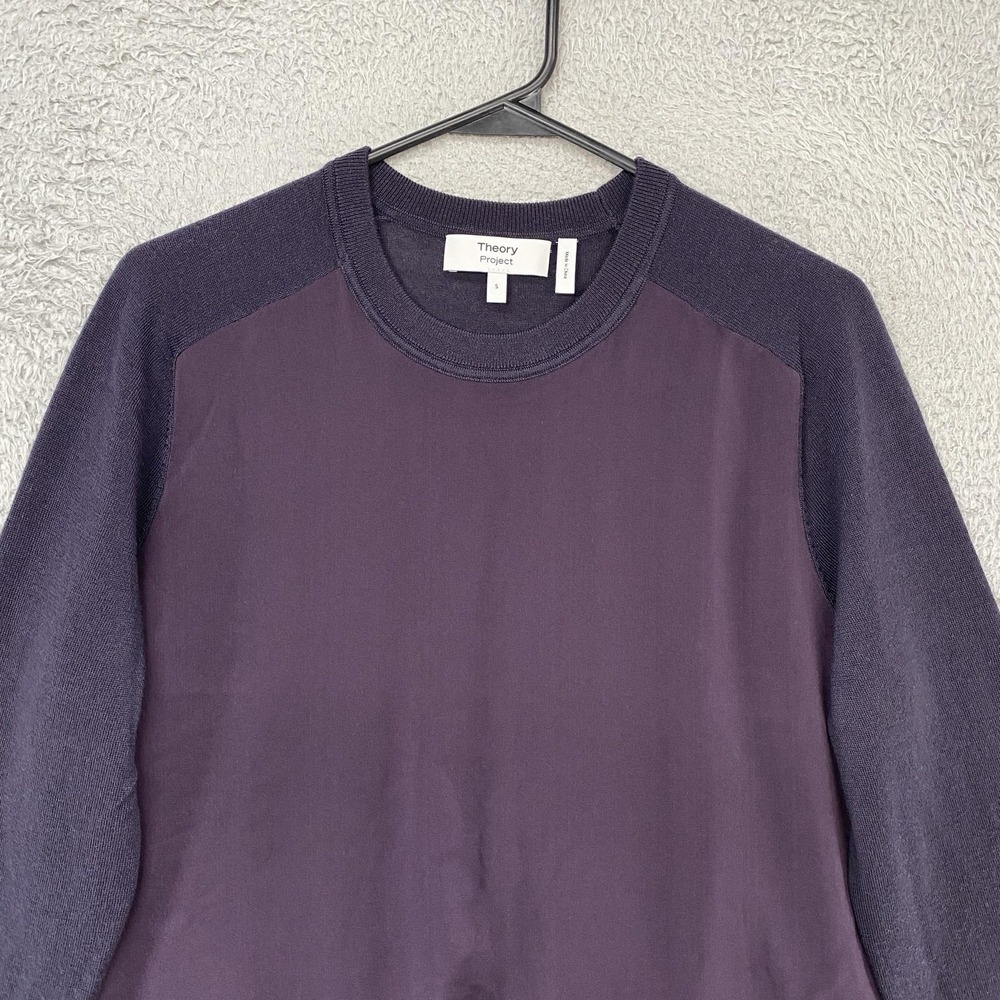 Theory Project Sweater Womens Small Purple Silk Front Merino Wool Knit Crewneck - Picture 3 of 12